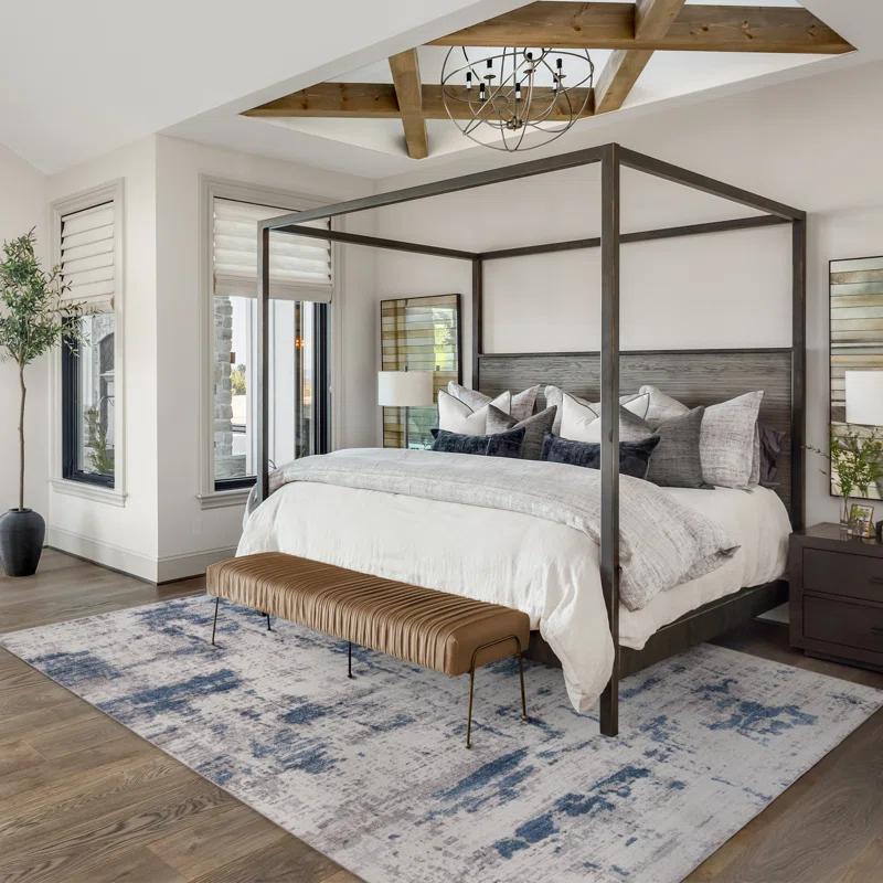 Gertmenian Gertmenian Crystal Print Cenis Blue Ivory Cream Washable Flat Pile Modern Abstract Indoor Area Rug