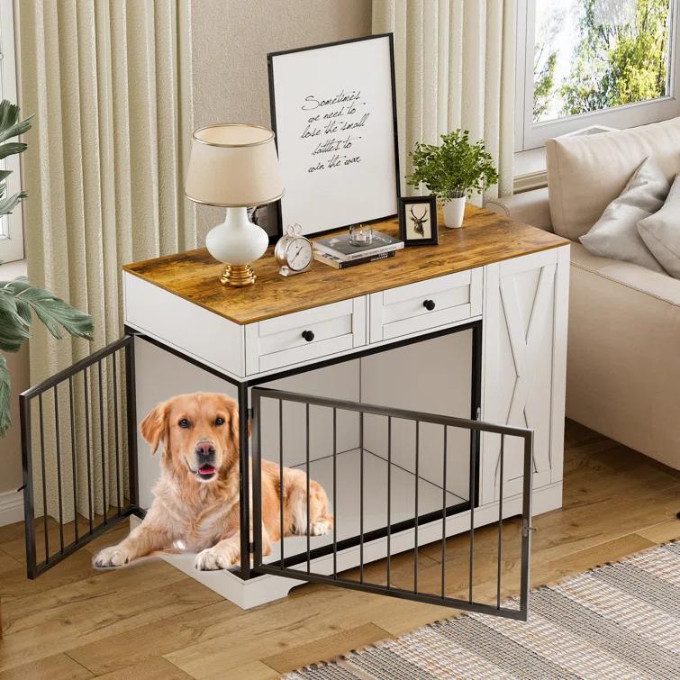 Tucker Murphy Pet™ Gladine Dog Crate Furniture Kennel with Double Doors, Wooden Pet House with 2 Drawers and Pet Feeder Station Storage Cabinet