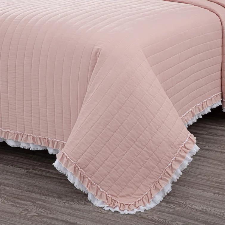 Chezmoi Collection Bonnie Double Frayed Ruffled Edge Cotton Quilt Set