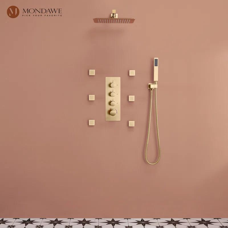 3 Functions Wall Mount Thermostatic Complete Shower System with 6 Body Jets, Rough-in Valve