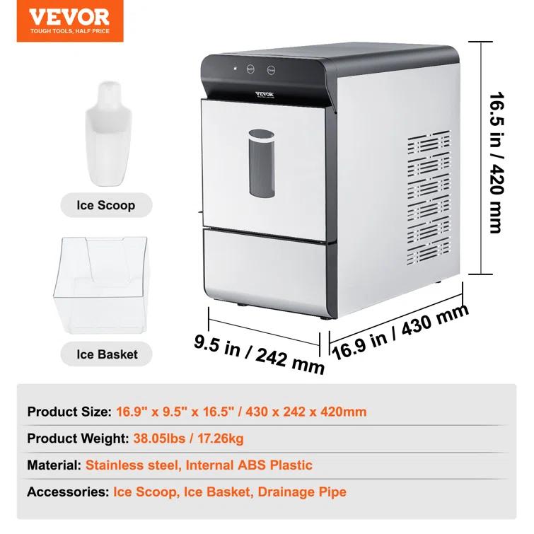 VEVOR Nugget Ice Maker, 37Lbs In 24 Hrs, Manual Auto Refill Self Cleaning Countertop Ice Maker Portable Nugget Ice Maker With Scoop And Basket
