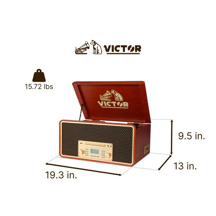 Victor 8-in-1 Wood Music Center with Bluetooth Vinyl Record Player