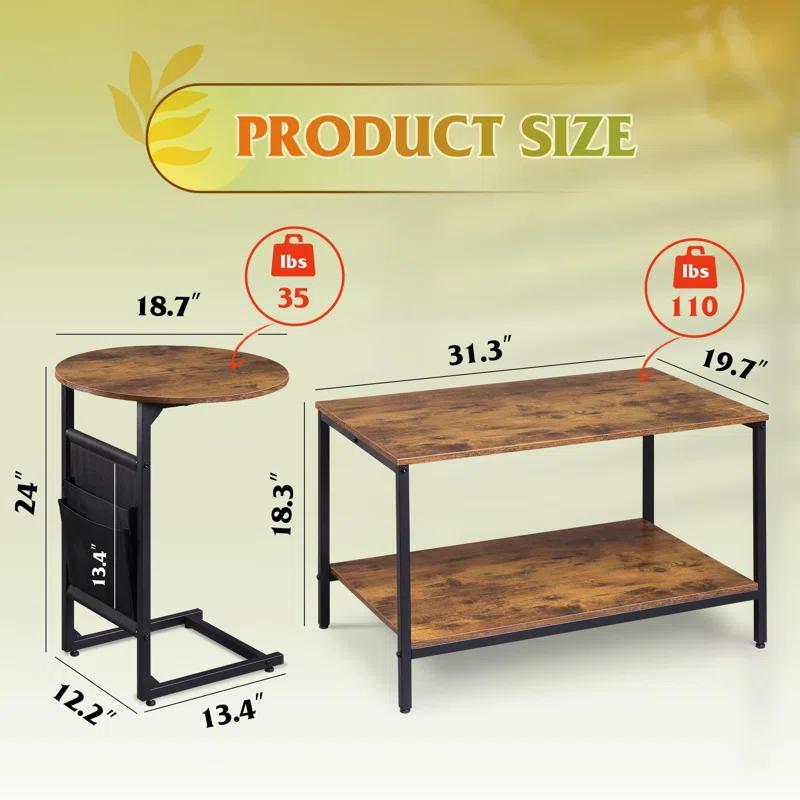 17 Stories Coffee Table, 31.3" And 18.7" Small Coffee Tables For Living Room, Modern Center Table And Side Table Set With Storage Side Pouch For Bedroom, Apartment, Rustic Brown