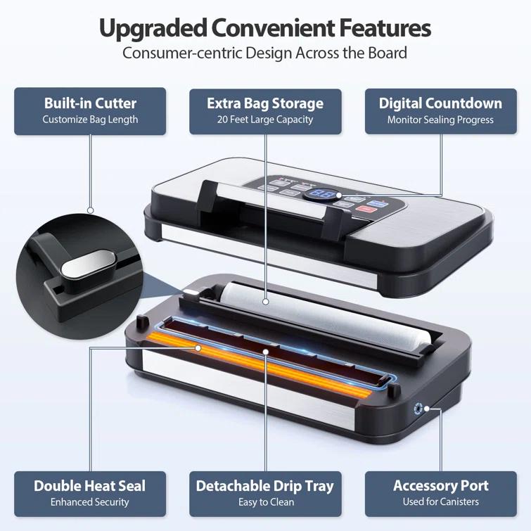 Aeitto Powerful professional vacuum sealant, precision of 95 kPa, function of 10 in 1, easy to lock handle, dual heat seal and dual pump, food vacuum sealing machine