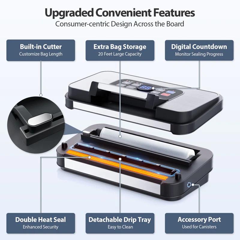 Aeitto Powerful professional vacuum sealant, precision of 95 kPa, function of 10 in 1, easy to lock handle, dual heat seal and dual pump, food vacuum sealing machine