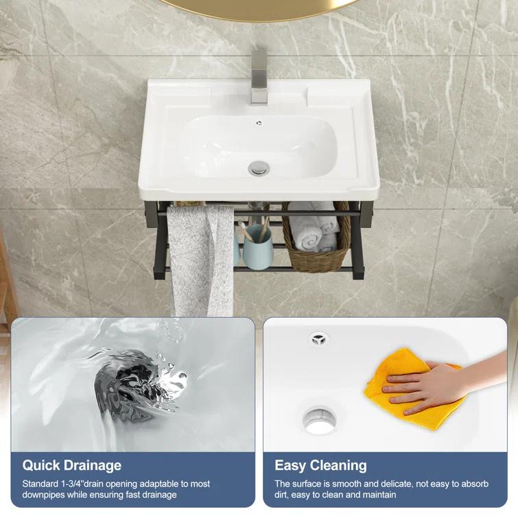 Lordear 23.75" L x 15.75" W Wall Mounted Bathroom Sink with Towel Rack White Ceramic Bathroom Wall Hung Sink LBS2315GP