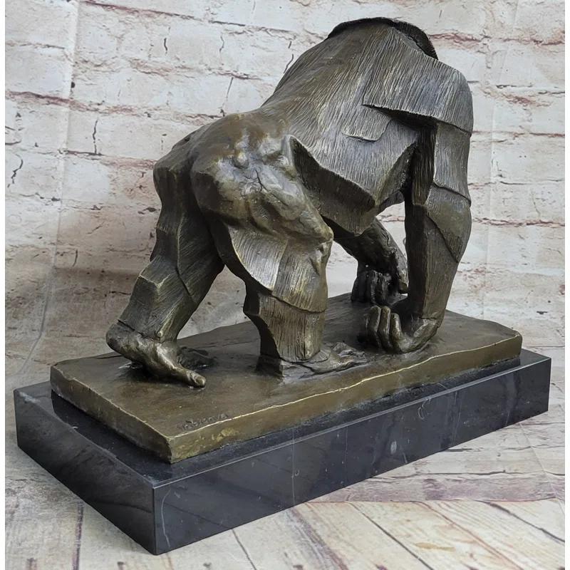 Bungalow Rose Xaila Gorilla Sculpture Statue Figure Bronze Metal Signed Art On Marble Base By Vobisova