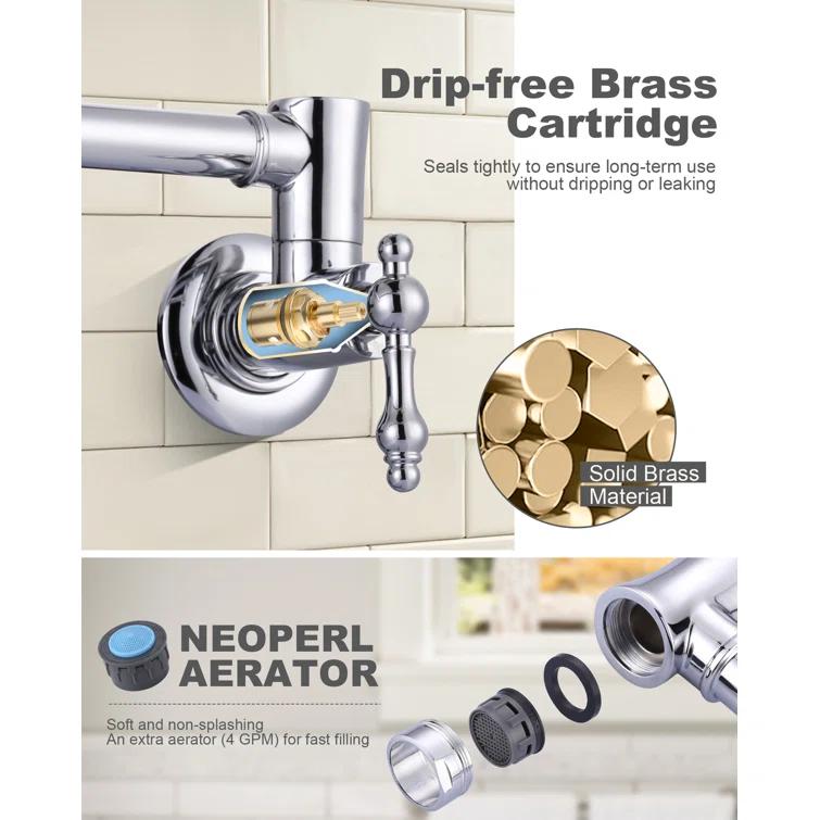 ARCORA ARCORA Wall Mounted Pot Filler Brass Folding Kitchen Faucet with 2 Handles AR7106800C