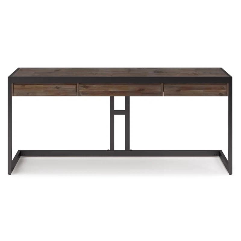 Simpli Home Erina Solid Acacia Wood Desk, Industrial Style with Keyboard Tray and 2 Drawers