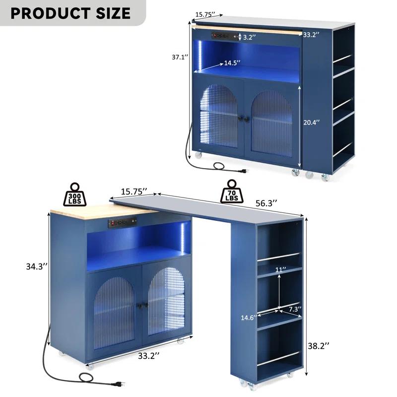 Winston Porter Rolling Kitchen Island With Extended Table, Kitchen Island On Wheels With LED Lights,Power Outlets And 2 Fluted Glass Doors, Kitchen Island With A Storage Compartment And Side 3 Open Shelves