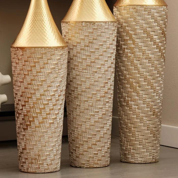 Everly Quinn Medhansh Metal Floor Vase (Set Of 3), Tall Large Flower Vase With Tapered Opening & Lattice Weave Texture, Antique Gold Finish