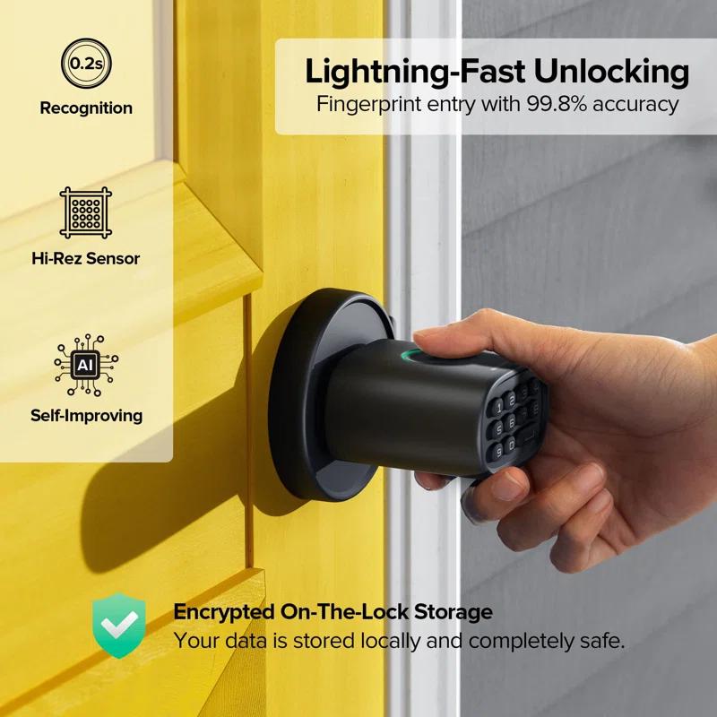 Keyless Entry Door Lock, Fingerprint Door Lock With Keypad Biometric Door Handle, Automatic Locking, For Interior Doors Up To 2-1/4" Thick, Bedroom, Home Office, Garage, 4 AA Alkaline Batteries, MD1 Black