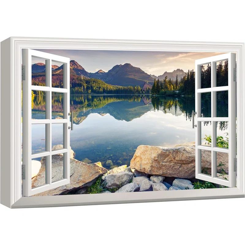 IDEA4WALL Window Scenery Green Peaceful Lake Natural Landscape Photography Pictures Canvas Print Wall Art