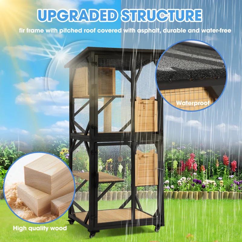 Tucker Murphy Pet™ Hallvard Outdoor Cat Enclosure with Scratcher - 4-Tier Large Indoor Wooden Window Catio Cat House W/Asphalt Waterproof Roof