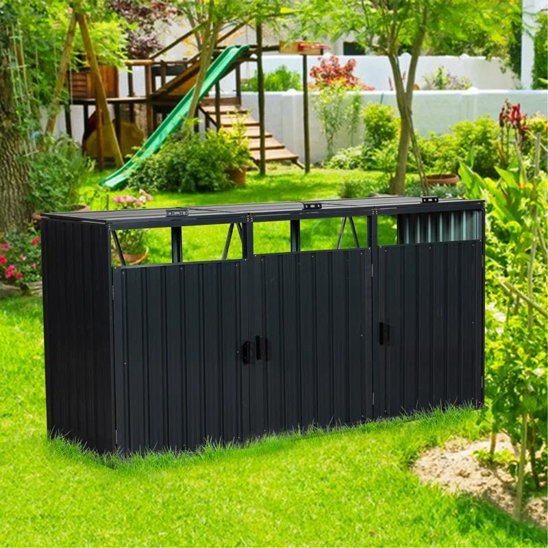 HLILish Garbage Bin Shed Stores 3 Trash Cans Metal Outdoor Bin Shed For Garbage Storage,Stainless Galvanized Steel, Bin Shed For Garden Yard Lawn