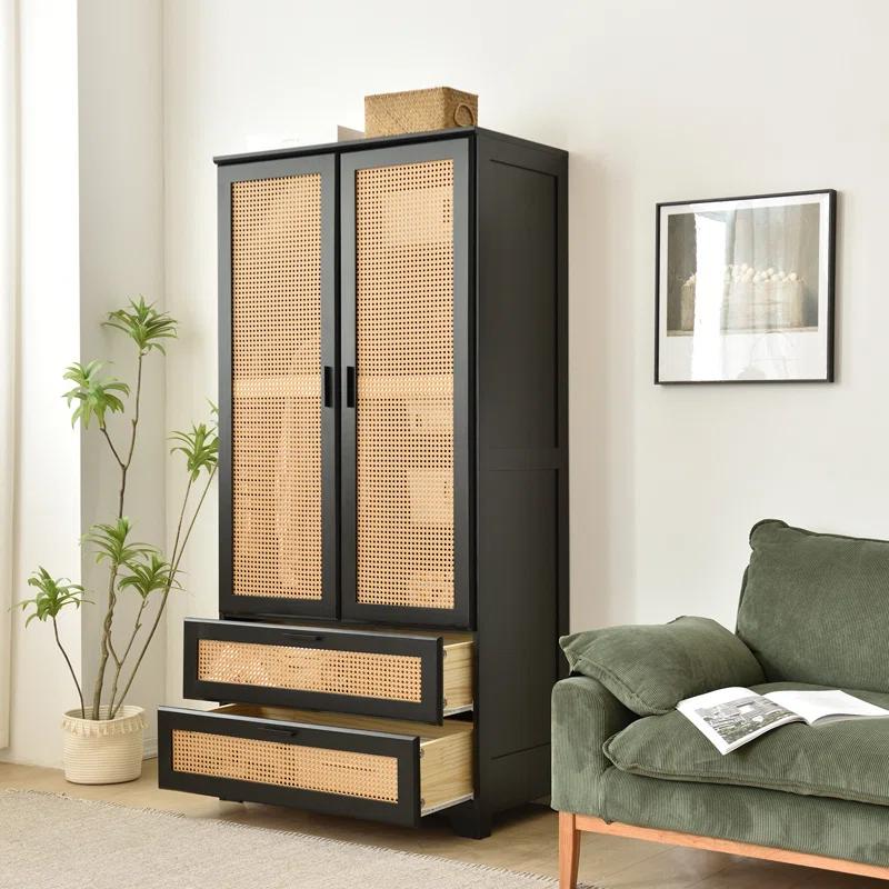 Bay Isle Home™ Solid Pine Wood Rattan Closet with 2 Drawers