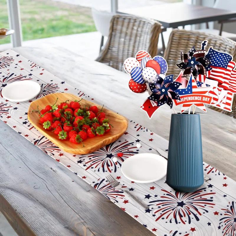 The Holiday Aisle® Fireworks Table Runner 4Th Of July Patriotic Memorial Day Independence Day Holiday Kitchen Dining Table Decoration,Holiday Burlap Table Cover, 13 X 70 Inch, Americana Stars, Red, White, Blue.