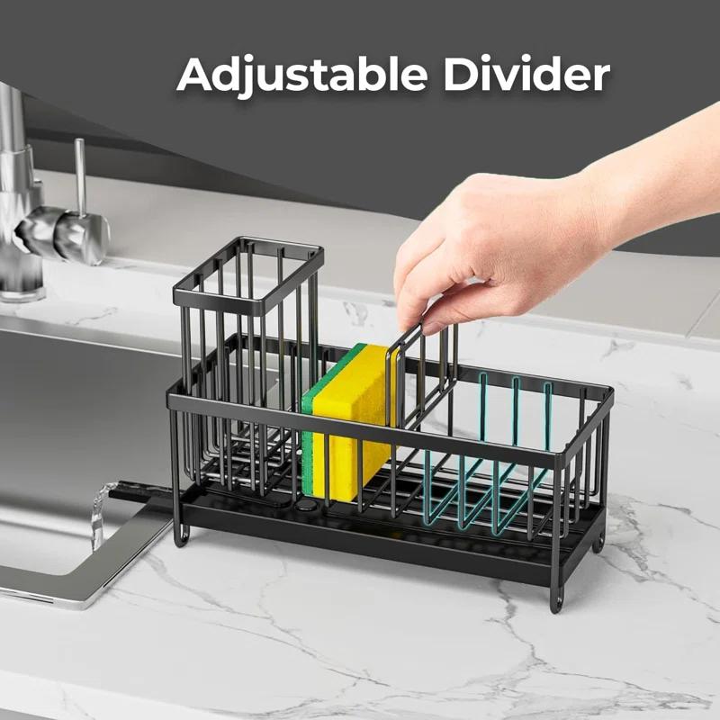 WKING Stainless Steel Kitchen Sink Caddy Organizer With Draining Tray, Rustproof Sponge Holder For Sink, Adjustable Compartments, Space-Saving Design