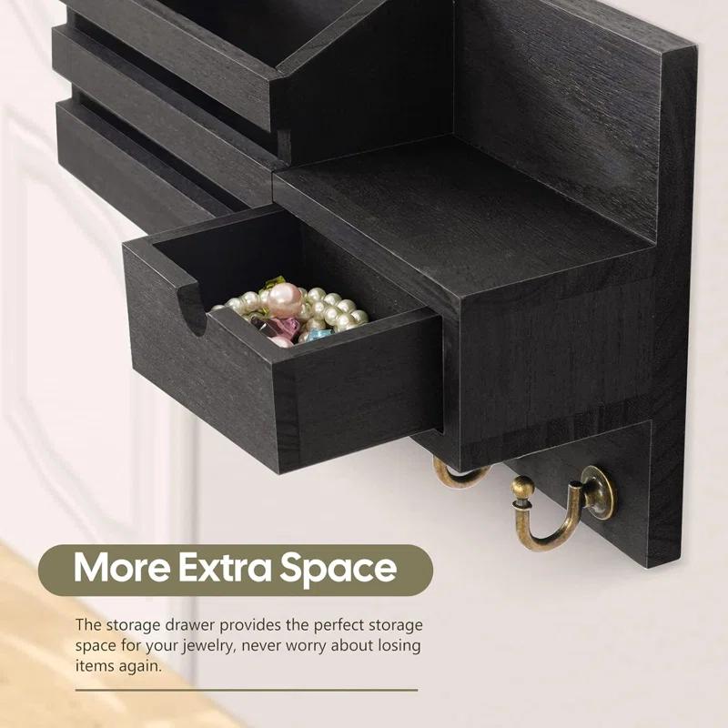 Winston Porter Wall Mount Key And Mail Organizer With 6 Hooks, Storage Drawer, Easy Installation For Entryway, Hallway, Home Decor