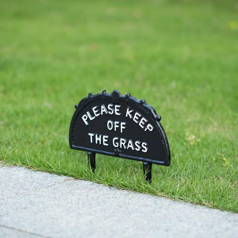 Gardenised Please Keep Off the Grass Post, Outdoor Warning Ground Cast Iron Stake