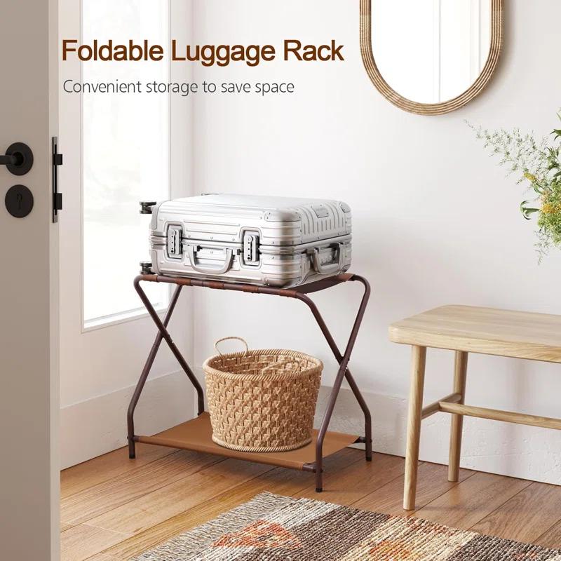 MEBROT Set Of 2, Foldable Suitcase Stands For Guest Room, Metal Luggage Holder With Storage Shelf For Bedroom, Hotel, Easy Assemble