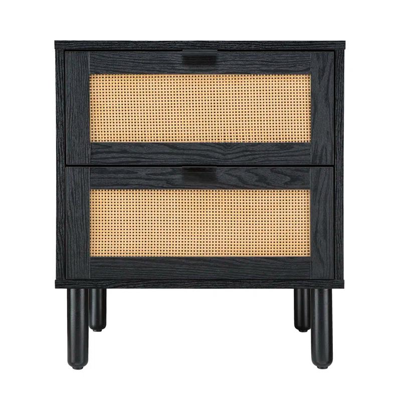 Sango Sango Orre 2-Drawer Solid Wood Nightstand, With Rattan, Cylicndrical Wooden Legs