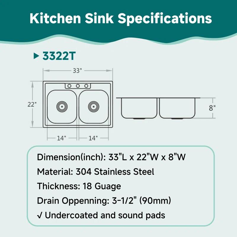 KDK HOME KH-3322T+Grid KDK HOME 33" x 22" Drop In Kitchen Sink 50/50 Double Bowl Sink with Bottom Grid & Basket Strainer