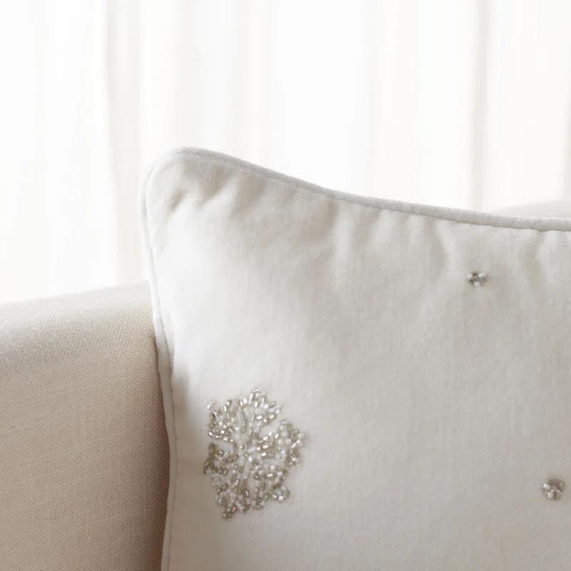 White Embroidered Rectangular Snowflake Throw Pillow