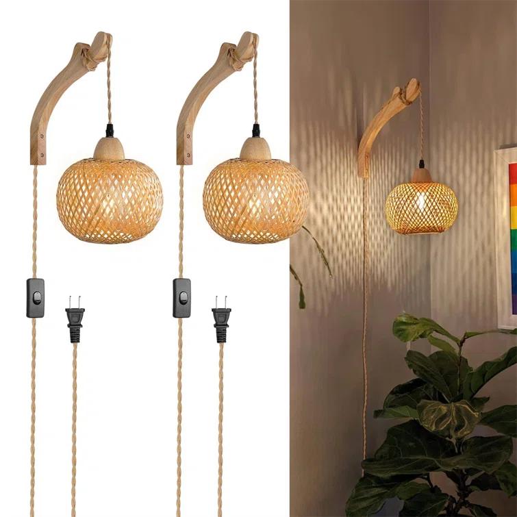 Bay Isle Home™ Cateno Bamboo Wall Sconces Set Of Two Plug In, Boho Wall Lamp With Plug In Cord, Farmhouse Wall Light Fixtures With 9.84FT On/Off Switch Cord, Rattan Sconces Wall Lighting For Bedroom Living Room (Set of 2)