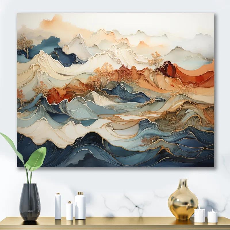 Design Art Abstract Orange And Blue River Ink III - Wall Art Print On Canvas
