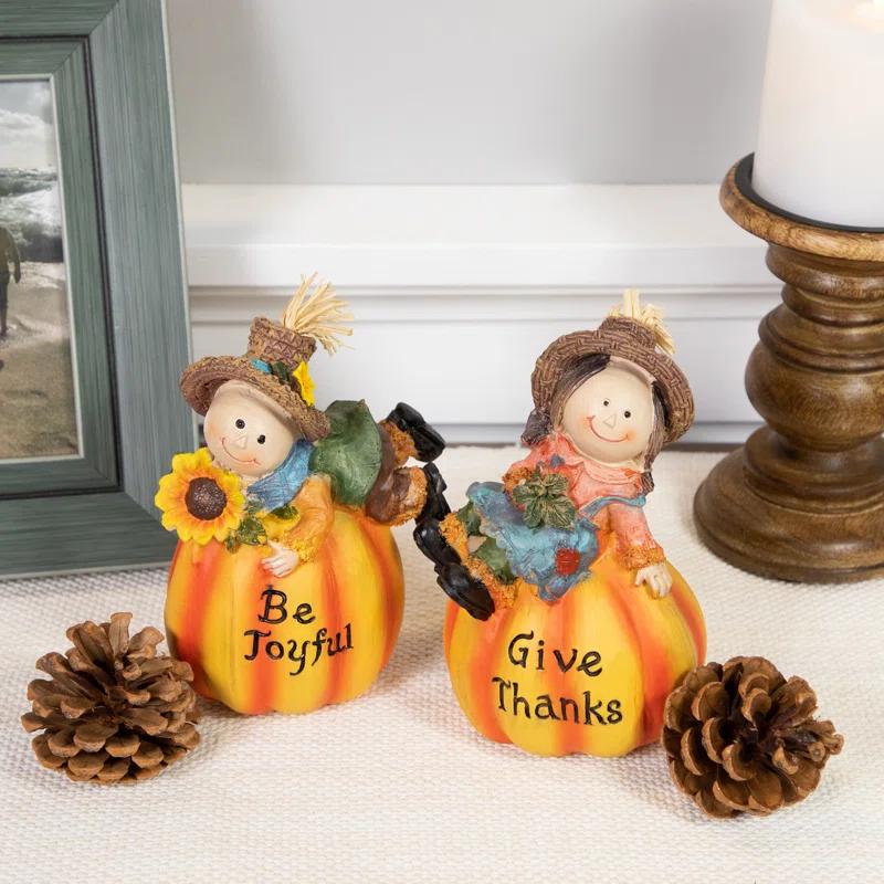 Northlight Seasonal Girl and Boy Scarecrows with Pumpkins Fall Harvest Figures