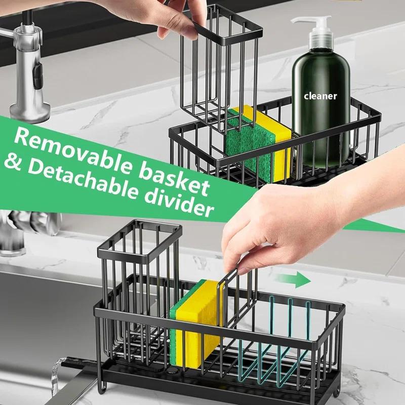 WKING Stainless Steel Kitchen Sink Caddy Organizer With Draining Tray, Rustproof Sponge Holder For Sink, Adjustable Compartments, Space-Saving Design
