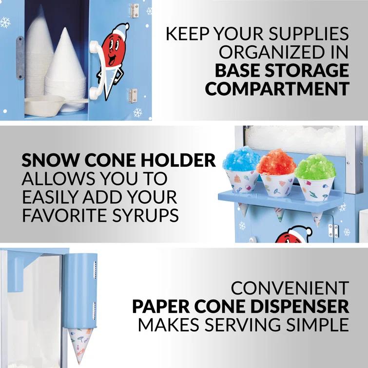 Nostalgia Nostalgia 54-Inch Tall Snow Cone Cart, Makes 72 Icy Treats, Includes Metal Scoop, 2 Syrup Bottles, 100 Paper Cups/Spoons, Storage Compartment, Wheels For Easy Mobility