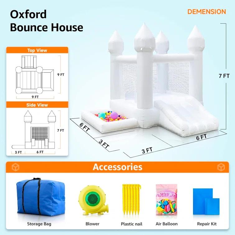 Connsann 9' x 9' Oxford White Bounce House with Slide and Air Blower