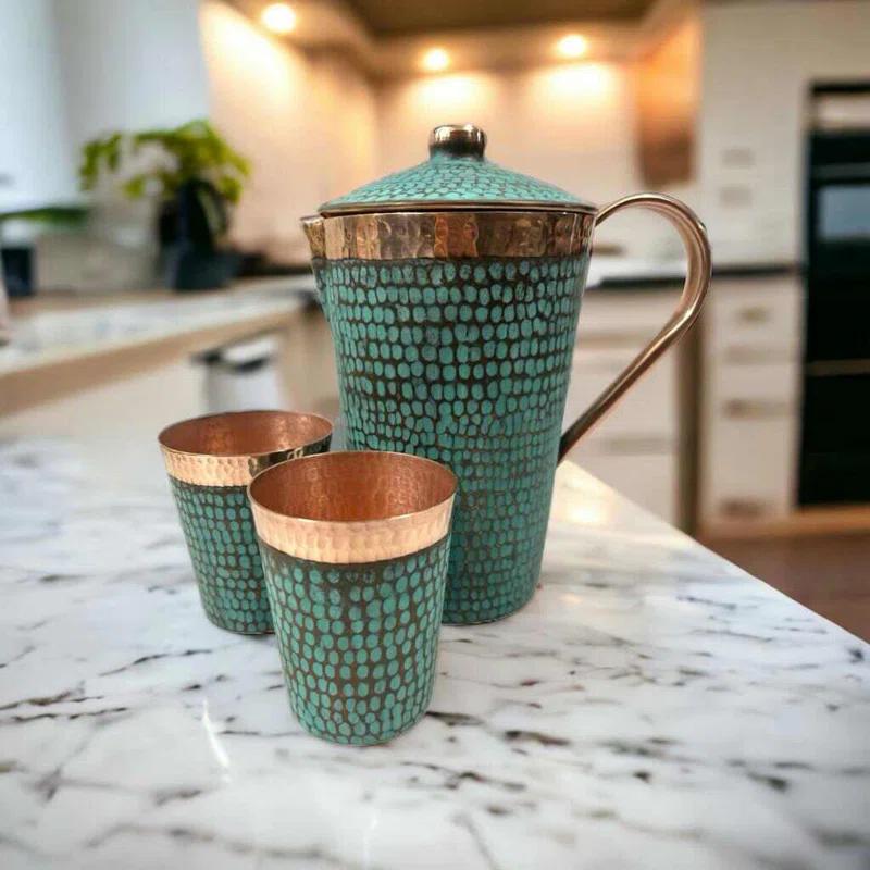 Ambiente Ambiente Mexican Copper Crafts 3 - Piece Pitcher Set - Pure Copper Tumbler - Copper Cups for Drinking.