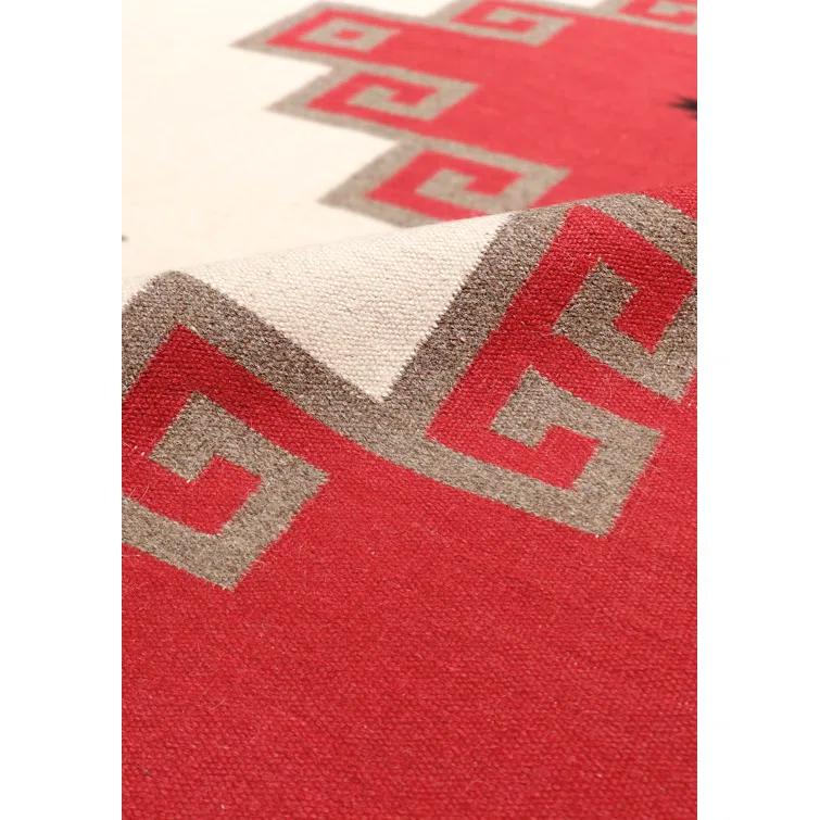 Ivory and Red Geometric Wool 8' x 10' Handmade Rug