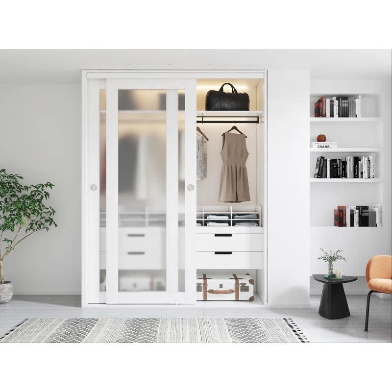 Calhome 1-Lite Frosted Tempered Glass Sliding Double Bypass Closet Door with Installation Hardware Kit