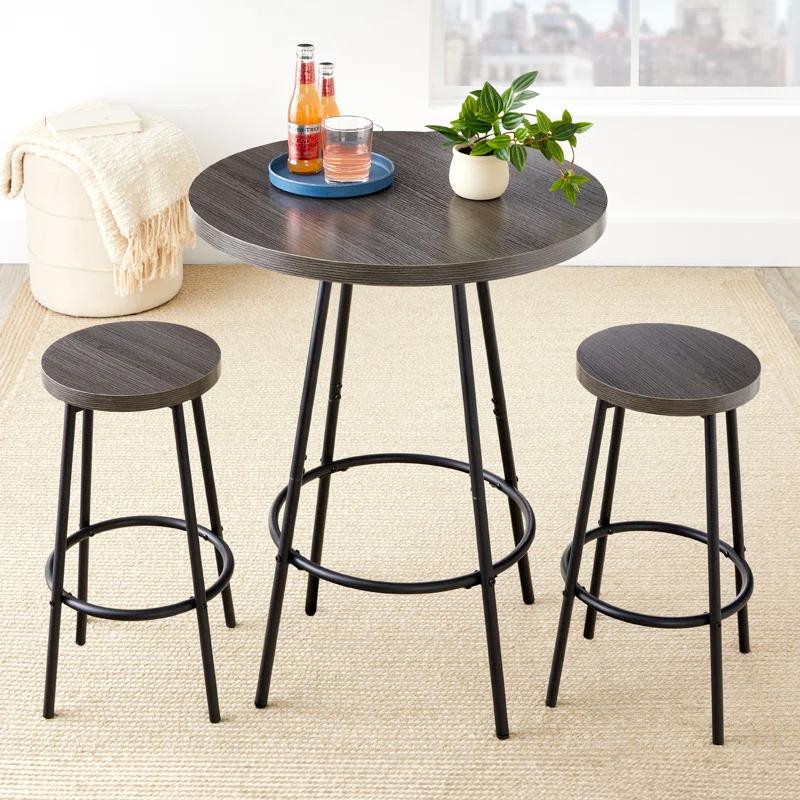 17 Stories Sevon 3-Piece Bistro Set, Modern Round Counter Height Dining Set w/ 2 Stools, Metal Frame