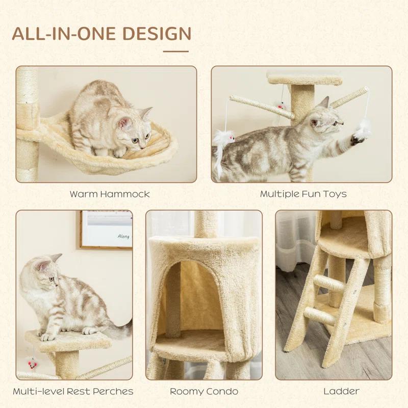 Tucker Murphy Pet™ 53" Plush Sturdy Interactive Cat Condo Tower Scratching Post Activity Tree House - Beige