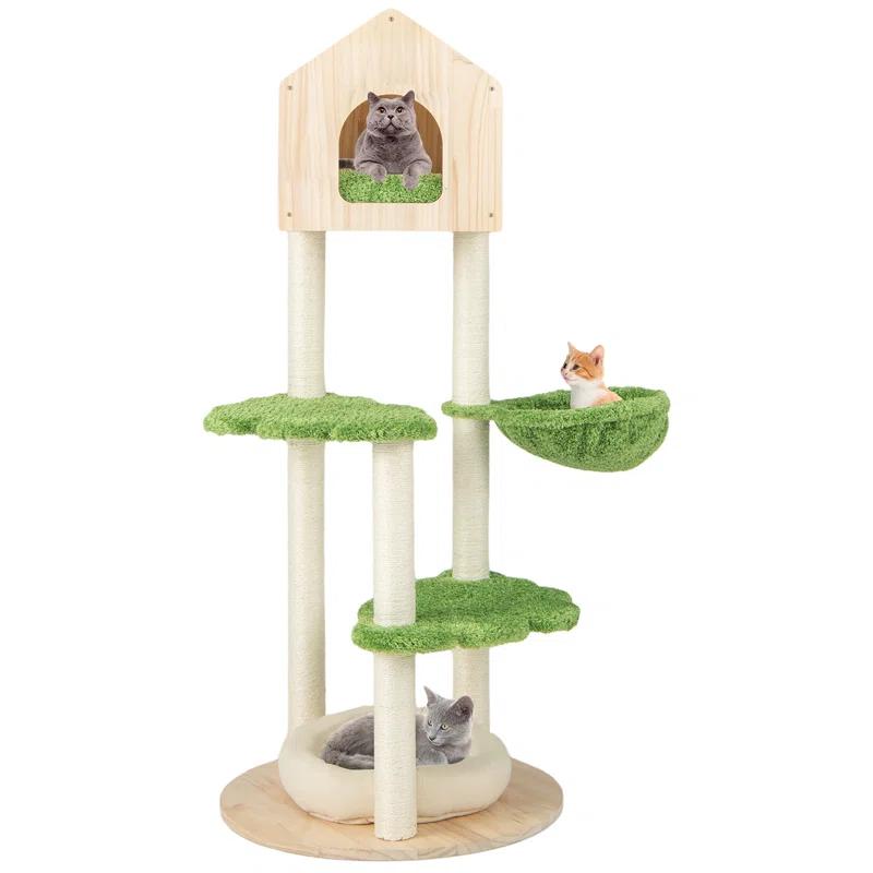 Latitude Run® Latitude Run® Wooden Cat Tree 55'' Tall Cat Climbing Stand W/ Sisal Scratching Posts Green