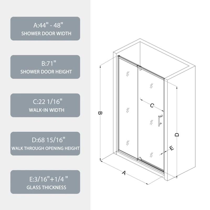 GZMWON 44-48" W X 71" H Piovt Swing Glass Shower Door,Pivot Frame Sliding Shower Door With 1/4"(6Mm) Clear SGCC Tempered Glass,Chrome Finish Shower Doors,Reversible Installation