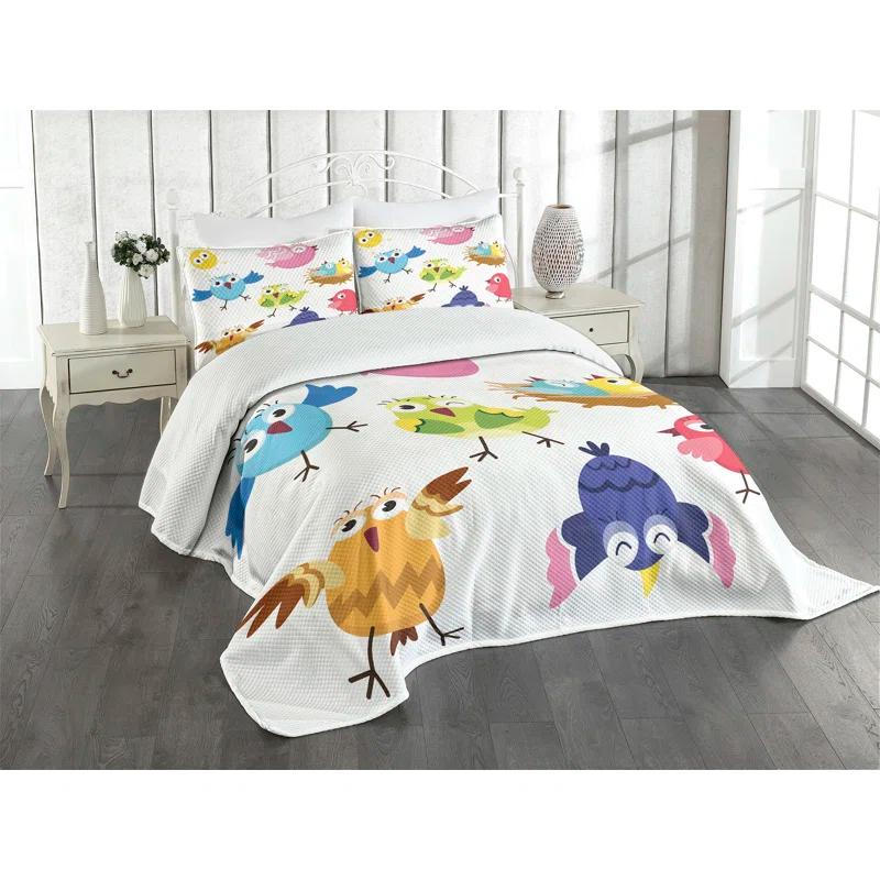 Ambesonne Ambesonne Bird Bedspread Set 3 Pcs Funny Birds Sun Cartoon Queen Multicolor