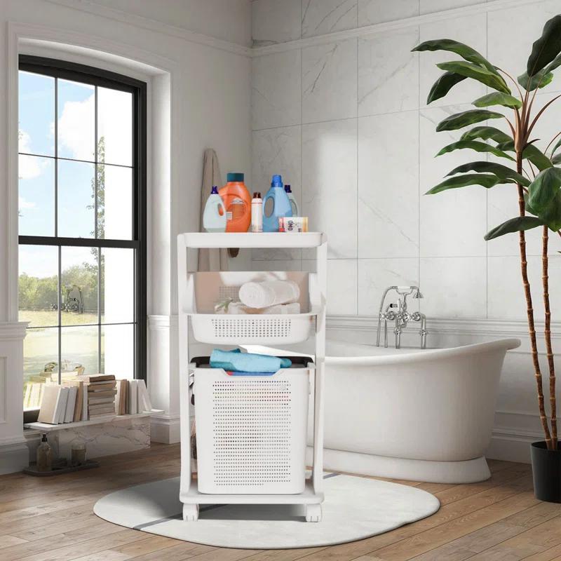 BAOKALER BAOKALER 2-Tier White Portable Rolling Laundry Basket, two Removable Baskets and Wheels