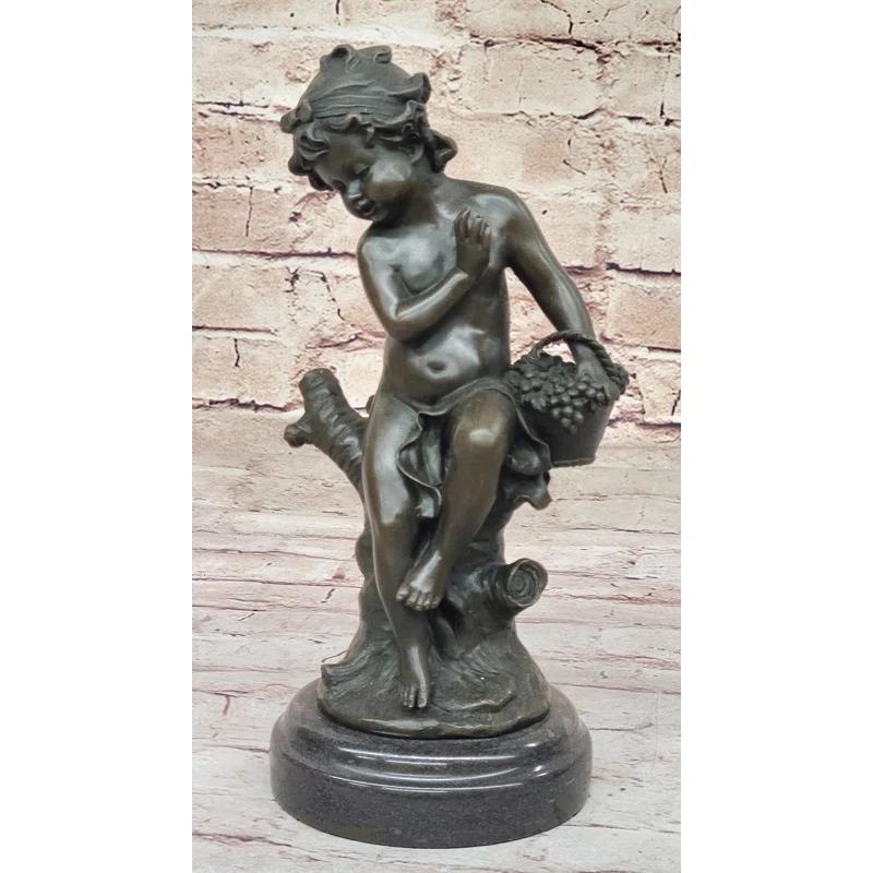 Red Barrel Studio® Small Child Girl Toddler Holding Basket Of Grapes - Clical Bronze Sculpture By Moreau