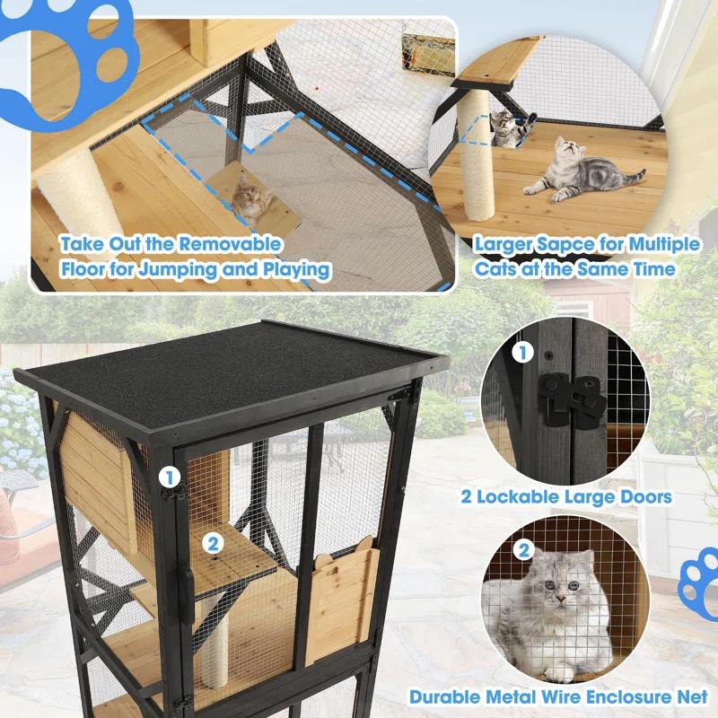 Tucker Murphy Pet™ Hallvard Outdoor Cat Enclosure with Scratcher - 4-Tier Large Indoor Wooden Window Catio Cat House W/Asphalt Waterproof Roof
