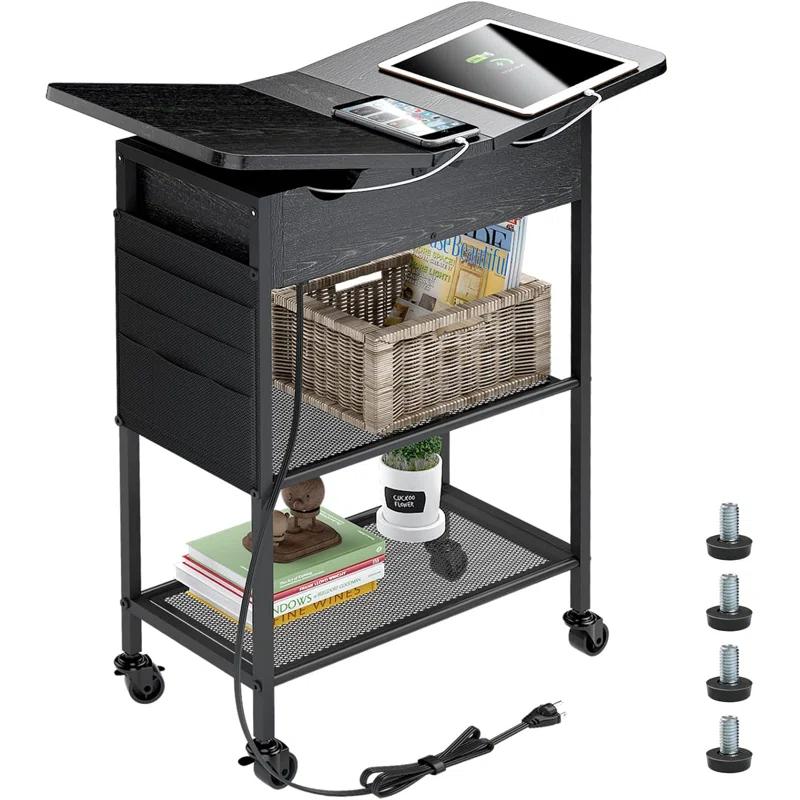 Slim Side Table With Wheels, USB Ports And Outlets, Rolling Narrow End Table With Charging Station And Bag, Flip Top Nightstand With Hidden Storage Shelves For Living Room Bedroom Small Spaces