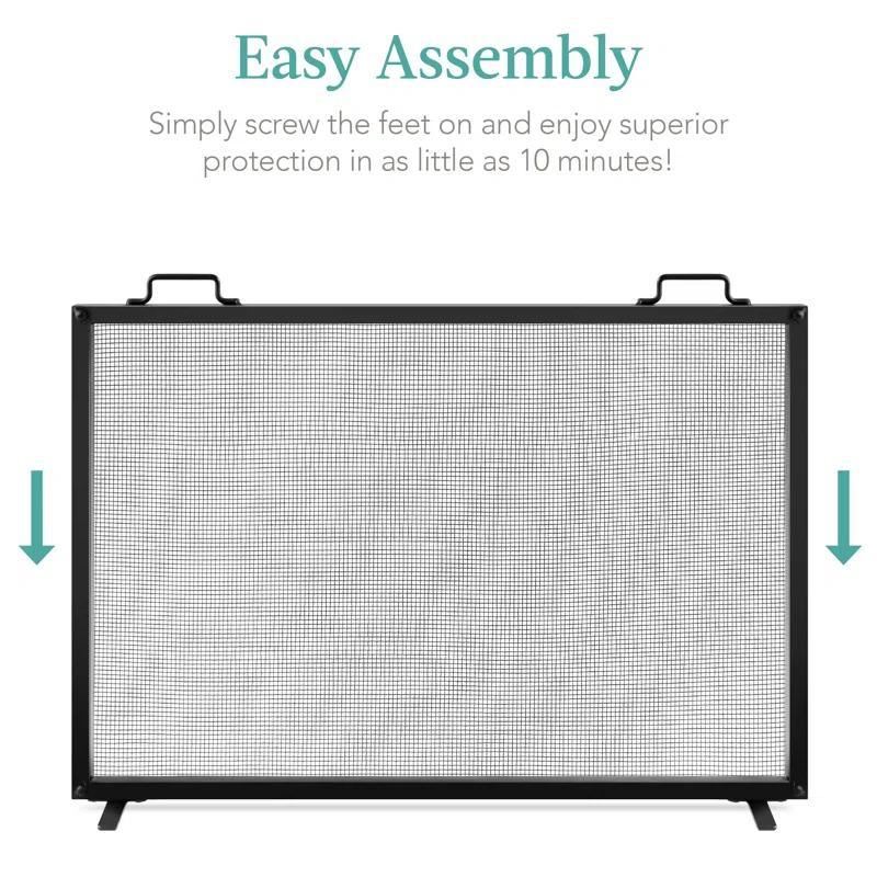 Cassiano 38x27in Single Panel Fireplace Screen Handcrafted Steel Mesh Spark Guard w/ Handles