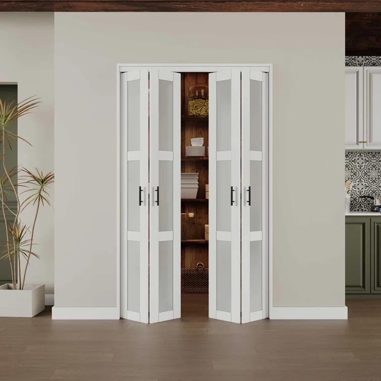 CHIC MODE Double Bifold Doors 3 Lite Frosted Glass Solid Manufactured Wood Prefinished Folding Door