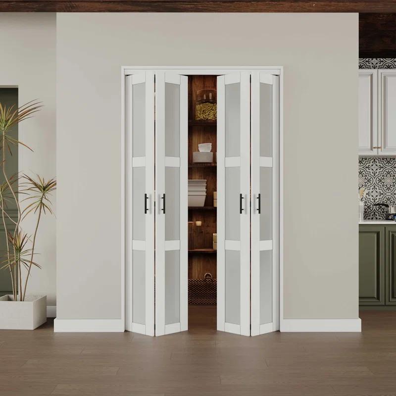 CHIC MODE Double Bifold Doors 3 Lite Frosted Glass Solid Manufactured Wood Prefinished Folding Door