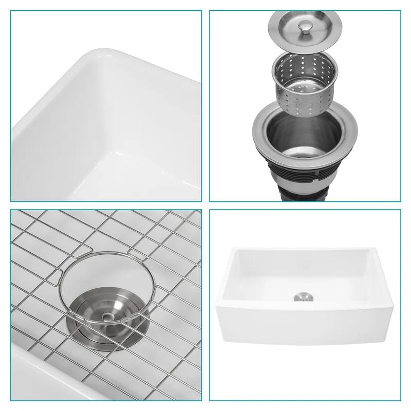 White Farmhouse Sink - 30 Kitchen Sink Ceramic Arch Edge Apron Front Single Bowl Farm Kitchen Sinks